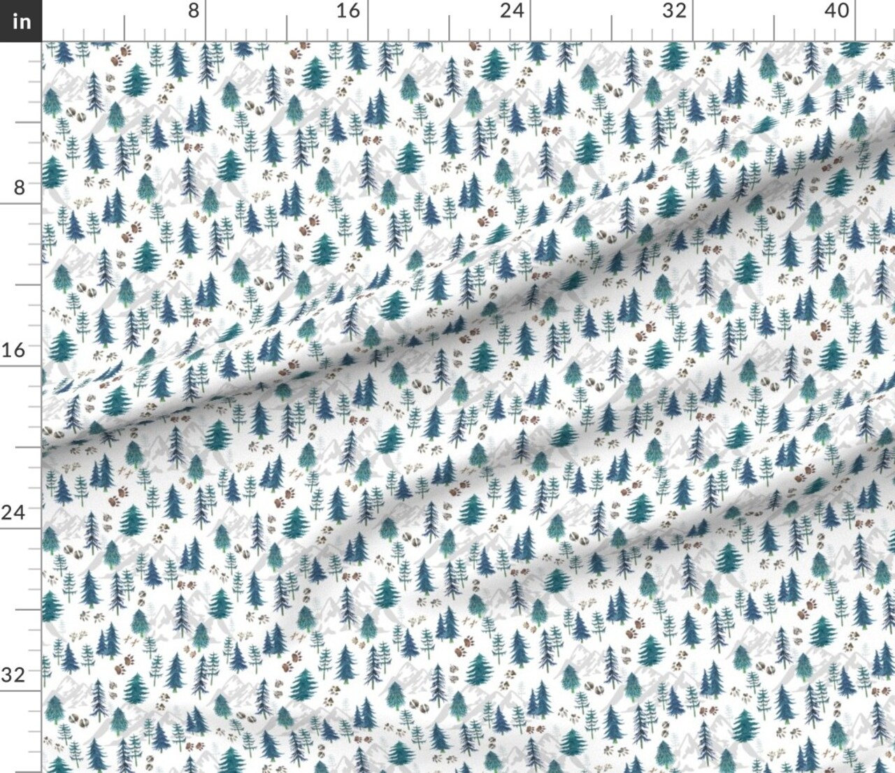 Tracks Pine Tree Forest Animal Teal Smaller Scale Woodland Trees Watercolor Mountain Custom Printed Fabric by Spoonflower Various Fabrics by the Yard or Fat Quarter
